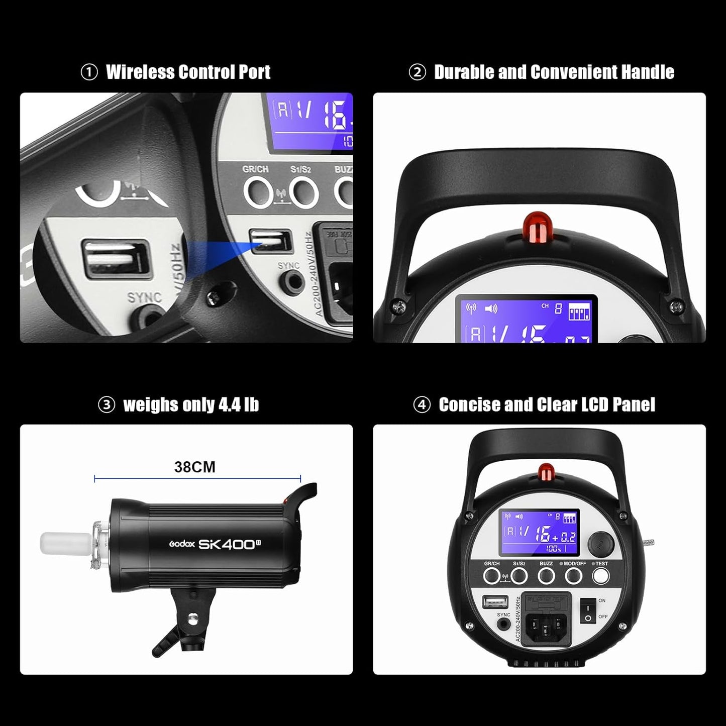 Godox SK400II 400Ws Photo Studio Strobe Flash Monolight Light with Bowens Mount &Lamp Head,150W Modeling Lamp for Studio,Shooting,Location and Portrait Photography-110V