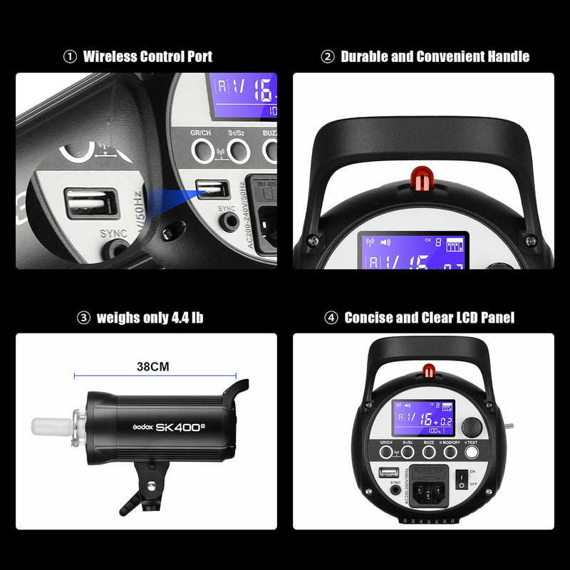 Godox SK400II 400Ws Photo Studio Strobe Flash Monolight Light with Bowens Mount &Lamp Head,150W Modeling Lamp for Studio,Shooting,Location and Portrait Photography-110V