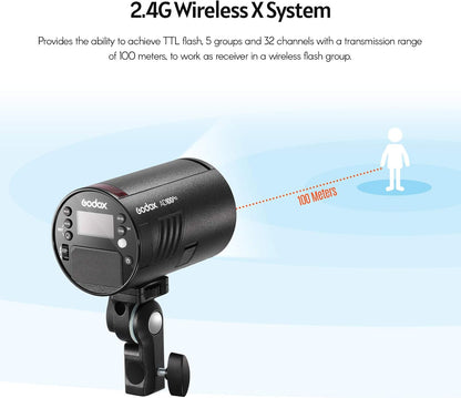 GODOX AD100Pro Pocket Studio Flash Light Photography Light OLED Screen 5800K 1/8000s Sync TTL/Multi/M Flash Built-in 2.4G Wilreless X System 5 Groups 32 Channels with Rechargeable 2600mAh Battery