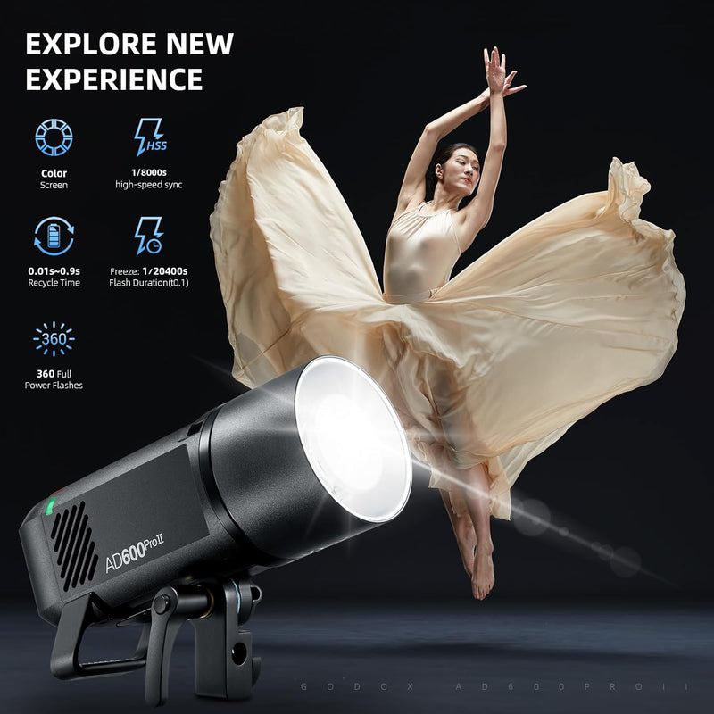 GODOX AD600 Pro II AD600Pro II Outdoor Flash Strobe, 2.4G TTL Studio Flash HSS 1/8000s, 40W Bi-Color Modeling Light, Lithium Battery, for Canon, Nikon, Sony, Olympus, Panasonic, Fuji, Leica, Pentax