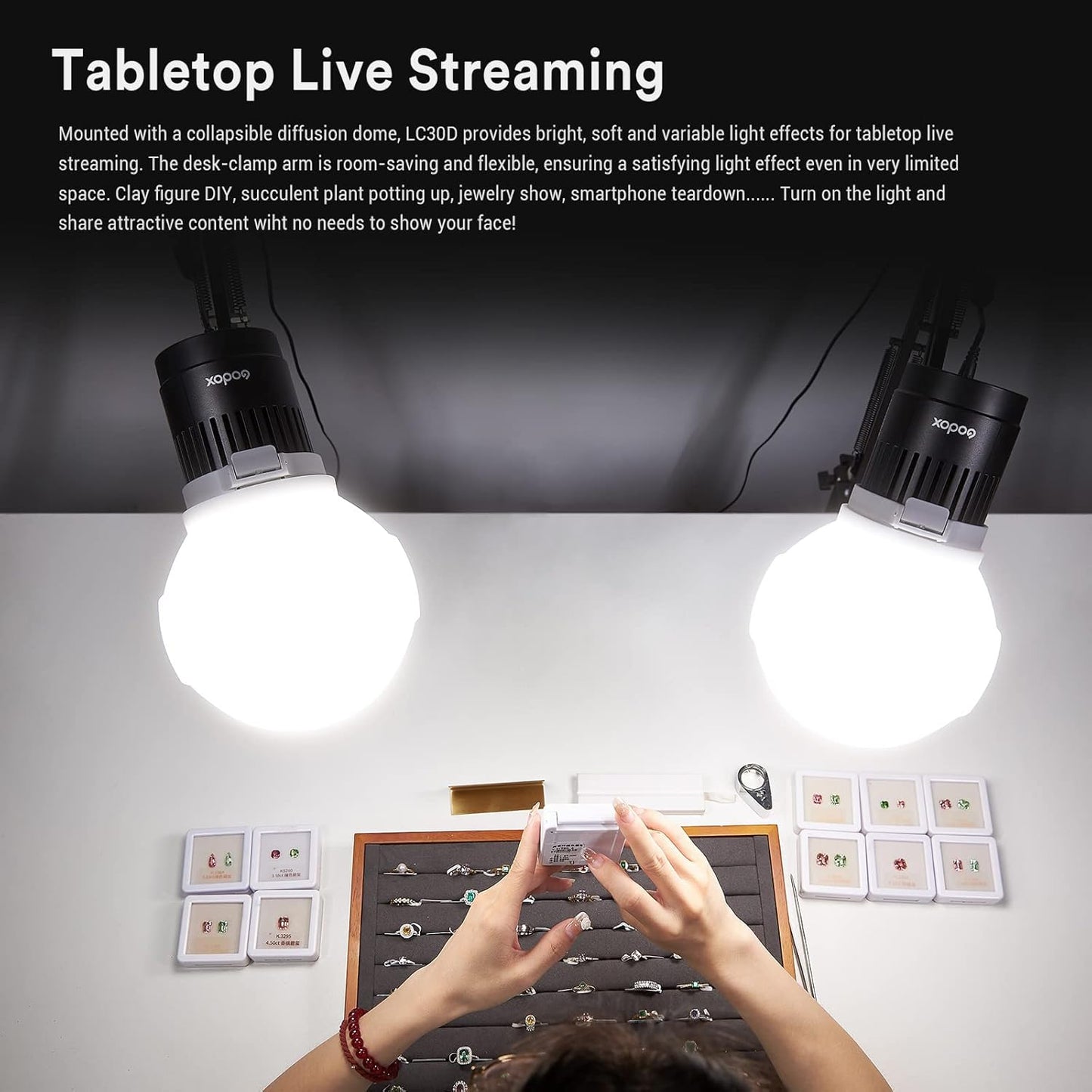 Godox LC30D LED Video Light,38W Tabletop LED Light,5600K 35800 LUX@0.5m,CRI 95+/TLCl 96+,0%-100% Dimming,8 FX Light Effects,for Live Streaming,Product Photography,Outdoor Shooting