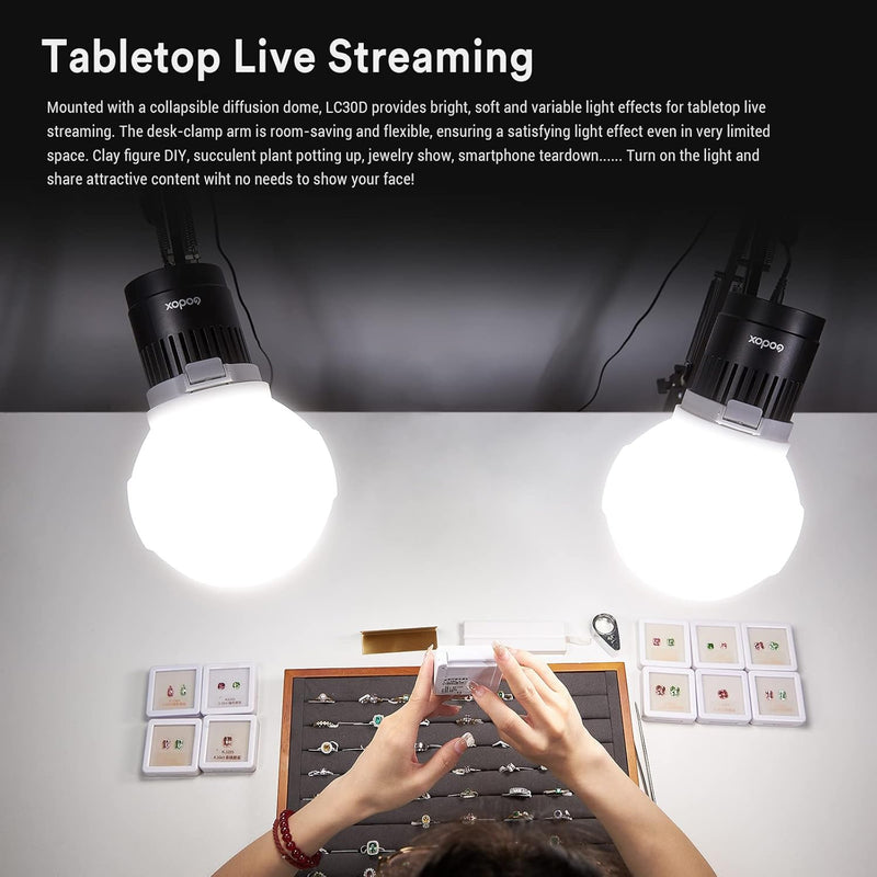 Godox LC30D LED Video Light,38W Tabletop LED Light,5600K 35800 LUX@0.5m,CRI 95+/TLCl 96+,0%-100% Dimming,8 FX Light Effects,for Live Streaming,Product Photography,Outdoor Shooting