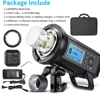 Godox AD400 Pro AD400Pro Outdoor Flash Strobe, Portable 400W 2.4G TTL 1/8000 HSS Monolight, 0.01-1s Recycle, 30W LED Modeling Lamp with Rechargeable Battery and Bowens Mount