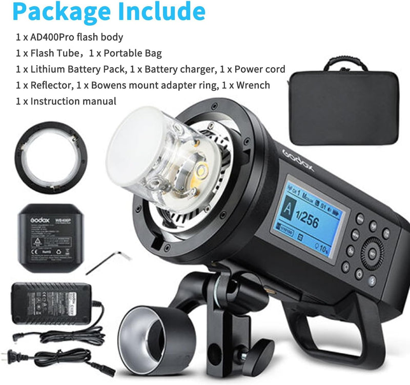 Godox AD400 Pro AD400Pro Outdoor Flash Strobe, Portable 400W 2.4G TTL 1/8000 HSS Monolight, 0.01-1s Recycle, 30W LED Modeling Lamp with Rechargeable Battery and Bowens Mount