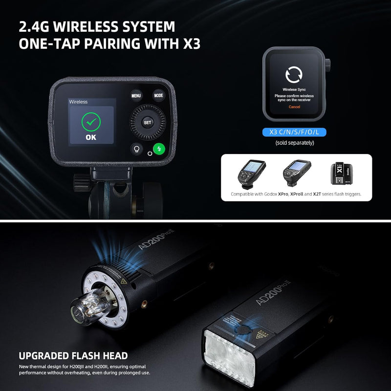 GODOX AD200 Pro II AD200Pro II Strobe Flash, TTL 200W Pocket Flash HSS 1/8000s, One-Tap Wireless Sync, Enhanced Color Screen, Photography Lighting for Canon, Sony, Nikon, Fuji, Olympus, Panasonic
