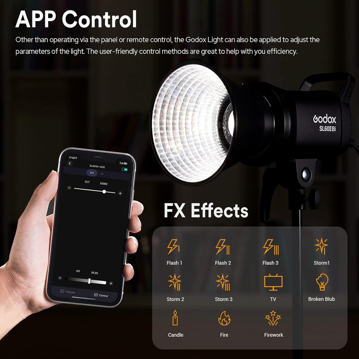 Godox SL60IIBi Bi-Color LED Video Light,2800K-6500K,CRI96+ TLCI97+, Built in 11 FX Effects, APP/2.4G Wireless Control Adjust Brightness, Bowens Mount LED Continuous Output Lighting