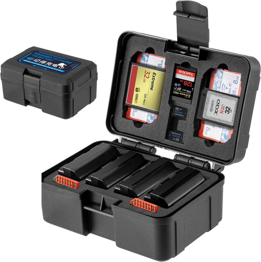 FOMITO Camera Battery Case & Memory Card Organizer - Holds 7 SD Cards 2 CFast 2 CF 2 Micro SD 2 XQD - Water-Resistant Shockproof Hard Shell Storage Box (Black Blue)
