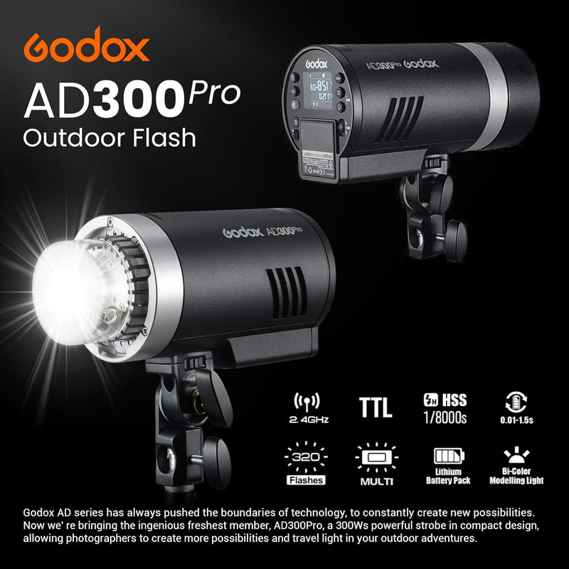 Godox AD300 Pro AD300Pro Outdoor Flash Strobe Light, 300Ws TTL HSS 1/8000s Studio Flash Monolight, 2600mAh Lithium Battery, 12W Modeling Lamp, Compatible for Canon Sony Nikon Fuji Olympus Panasonic