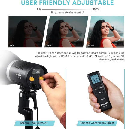 Godox ML60 Handheld LED Video Light, 60W 69000LUX Daylight Studio LED Light 5600K Portable LED Light, CRI 96+ 8 FX Effects Professional LED Light with Silent Mode