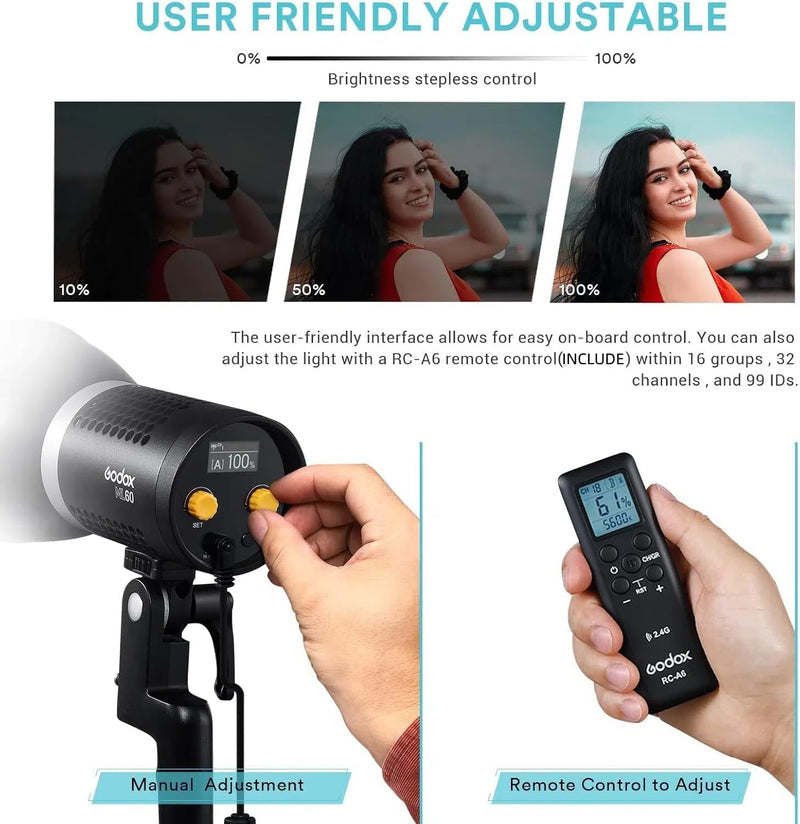 Godox ML60 Handheld LED Video Light, 60W 69000LUX Daylight Studio LED Light 5600K Portable LED Light, CRI 96+ 8 FX Effects Professional LED Light with Silent Mode