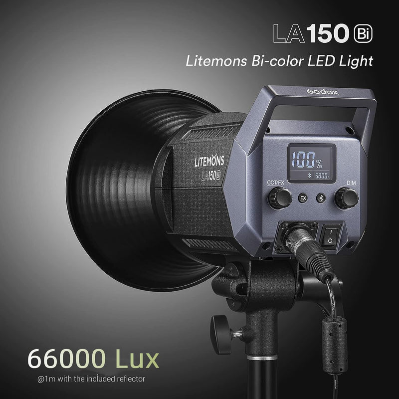 Godox LA150Bi Bicolor LED Video Light, 190W 66000LUX@1M Studio Light, 2800K-6500K Bowens Mount LED Light, CRI 96+ 11 FX Effect 0-100% Dimming APP Control Photography Portable Light
