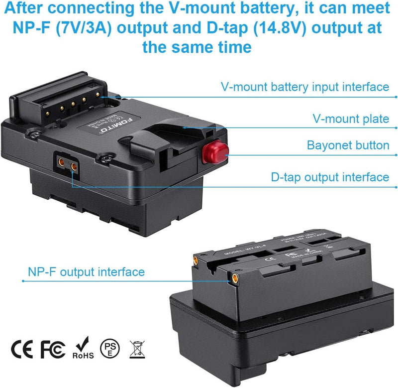Fomito NP-F Dummy Battery to V-Lock V Mount Plate for Sony F970 F750 F550 Battery to Camera Monitor Neewer F100 FEELWORLD FW568 F5 T7, LED Video Light CN160 CN216 YN300 II YN-600 W260