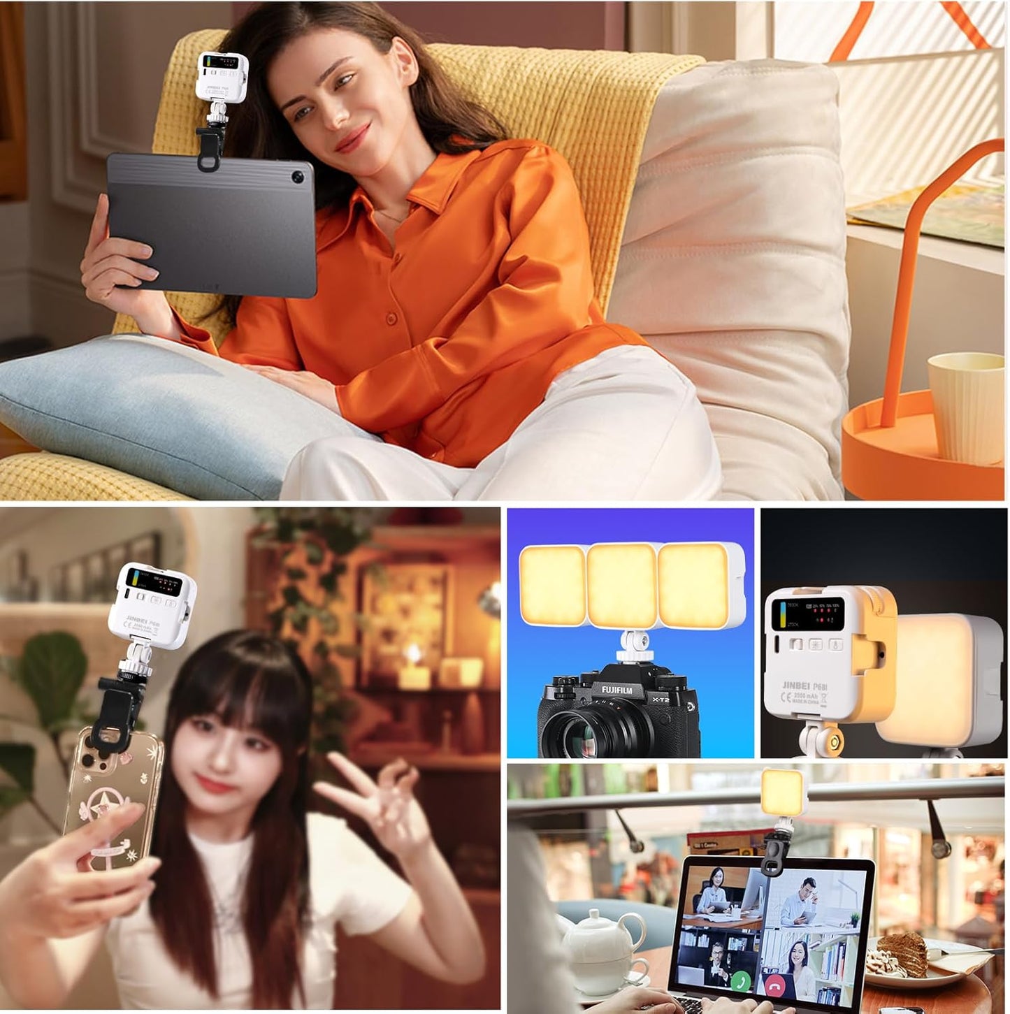 JINBEI P6 Bi-Color Mini Video Light LED Camera Light 2700K-7500K with 4 Cold Shoe Mount CRI 95+ 2000mAh Rechargeable Portable Photography Lighting for Vlog Live Streaming （White）