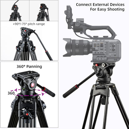 VILTROX Heavy Duty Tripod, 74 Inch Fluid Head Video Tripod, 22lbs Sturdy Heavy-Duty Tripod with QR Plate, Hand Bar, Carrying Bag, Mid-Level Spreader Travel Tripod for DSLR Camcorder (VX-18M II)