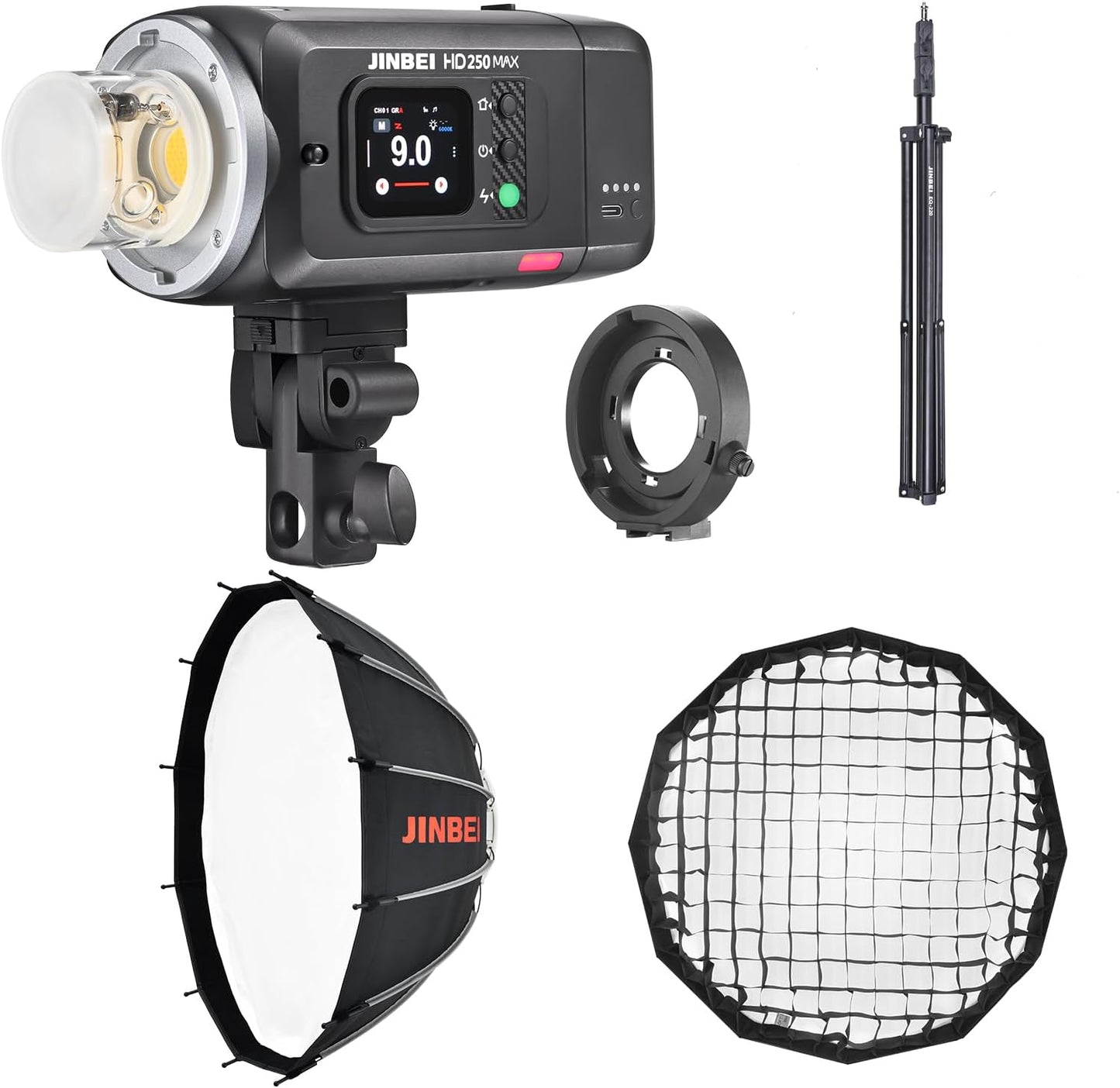 JINBEI Strobe Light Kit for Photograph， 220Ws Studio Strobe Light,65cm Bowens Mount Deep Parabolic Softbox with Stand for Outdoor Photography