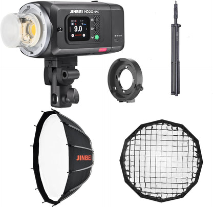 JINBEI Strobe Light Kit for Photograph， 220Ws Studio Strobe Light,65cm Bowens Mount Deep Parabolic Softbox with Stand for Outdoor Photography