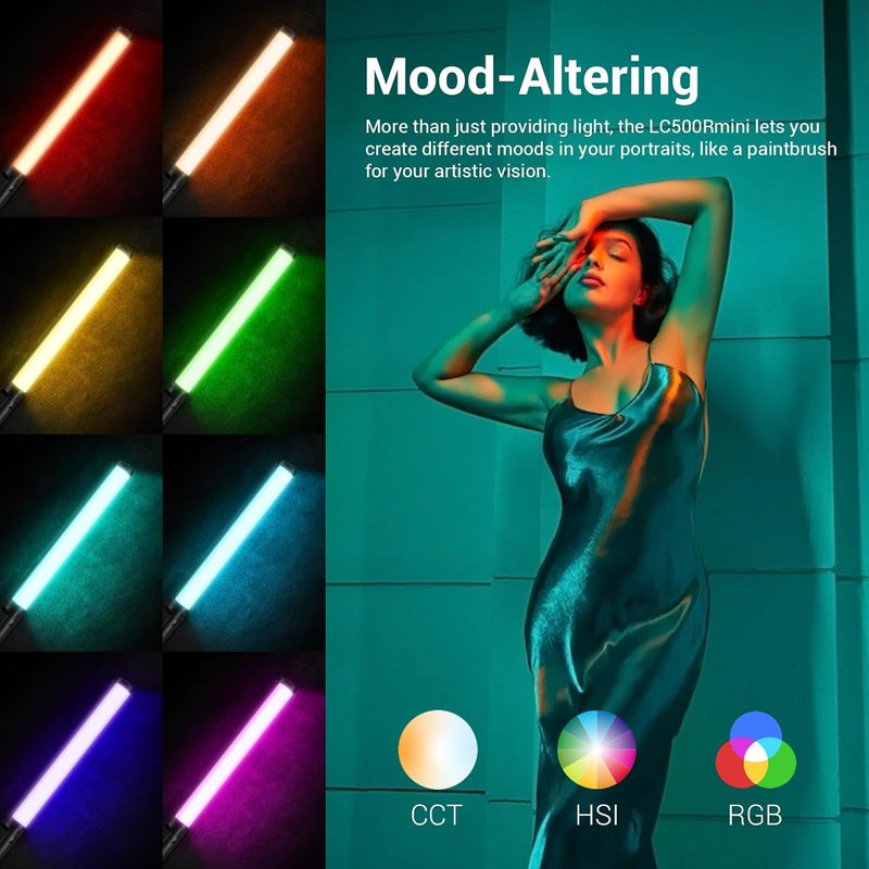 Godox LC500R Mini Handheld RGB Tube Light, 2500K-8500K RGB Stick Light with Barndoor&Soft Diffuseur, 20W 360°Full Color CRI 96+ 15 FX Effects LED Light Wand with Godox APP Control
