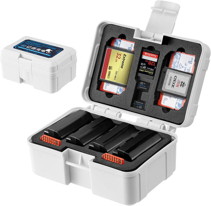 FOMITO Camera Battery Case & Memory Card Organizer - Holds 7 SD Cards 2 CFast 2 CF 2 Micro SD 2 XQD - Water-Resistant Shockproof Hard Shell Storage Box (Cold Gray Blue)