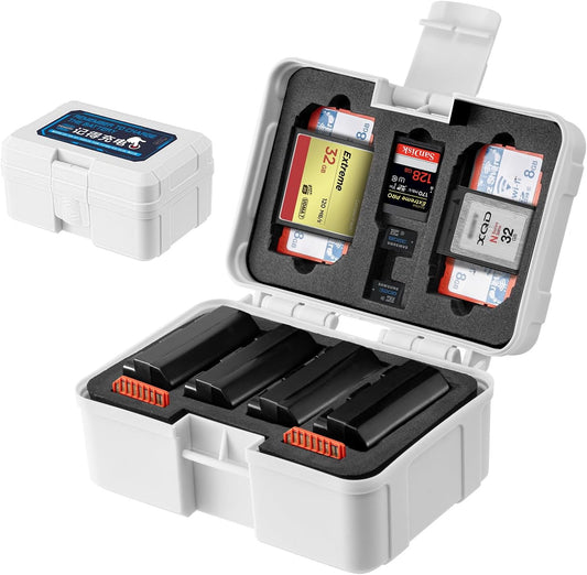 FOMITO Camera Battery Case & Memory Card Organizer - Holds 7 SD Cards 2 CFast 2 CF 2 Micro SD 2 XQD - Water-Resistant Shockproof Hard Shell Storage Box (Cold Gray Blue)