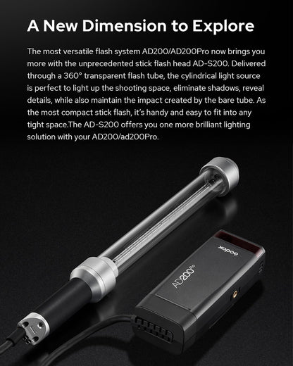 Godox AD-S200 Stick Flash Head 200W 5800K for AD200, AD200Pro and AD200Pro II Pocket Flashes with Barn Door, AD-E2 Flash Holder Metal Bracket and Carry Bag