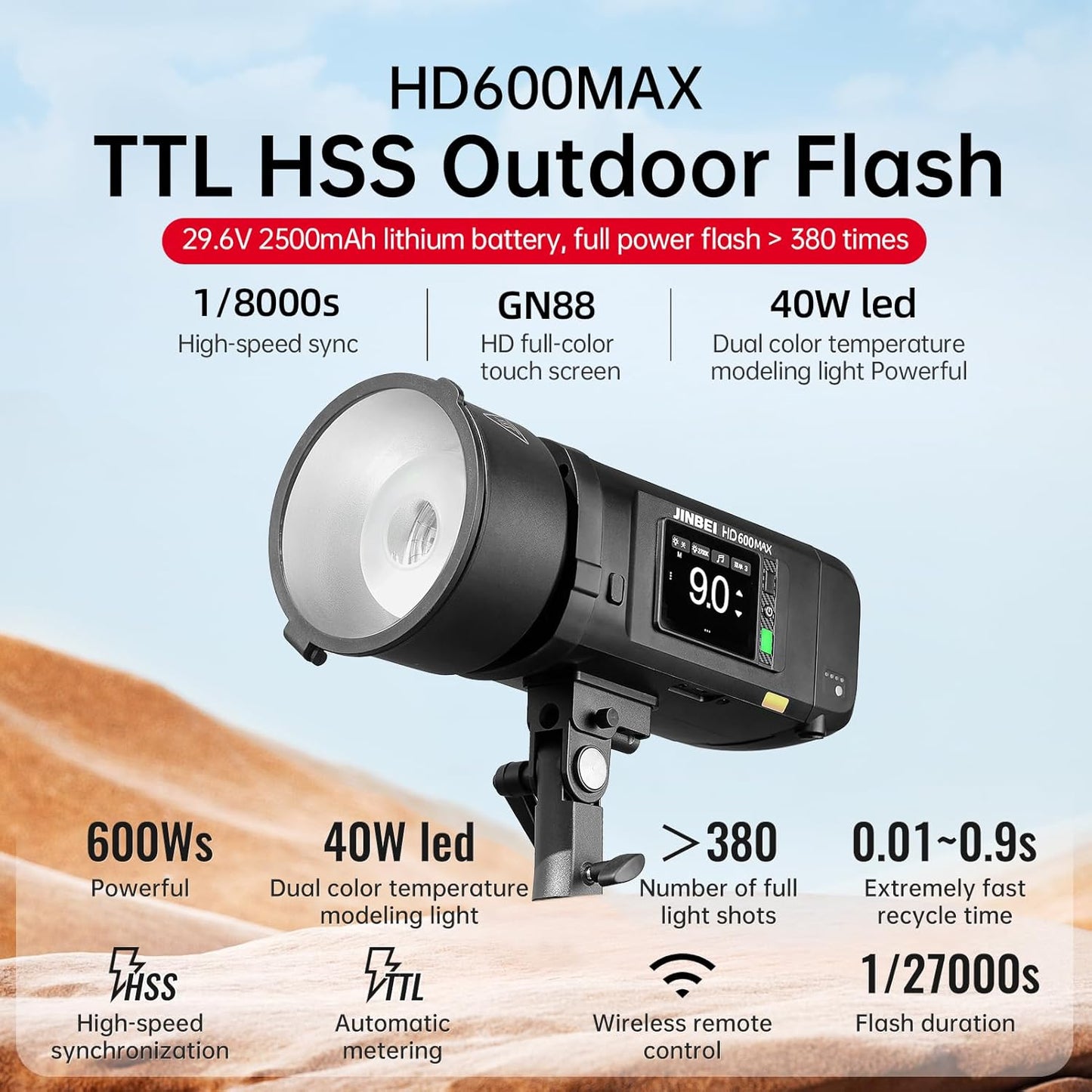 JINBEI HD600MAX 600Ws 2.4G TTL Flash Speedlight, GN88 1/8000 HSS, 40W Bi-Color Modeling Light, Monolight Strobe Flash for Canon, Sony, Nikon, Fuji, Olympus, Panasonic
