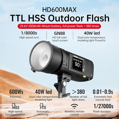 JINBEI HD600MAX 600Ws 2.4G TTL Flash Speedlight, GN88 1/8000 HSS, 40W Bi-Color Modeling Light, Monolight Strobe Flash for Canon, Sony, Nikon, Fuji, Olympus, Panasonic