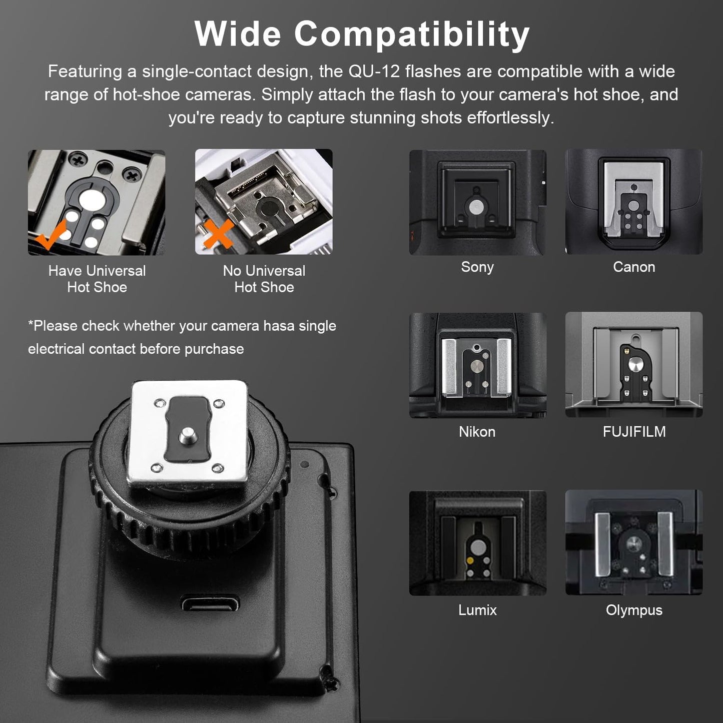 Fomito-QU-12 Camera Flash, Mini Flash Speedlite, Single Contact Hotshoe,Built-in Lithium Battery for Canon/Nikon/Fuji/Sony/Olympus Camera-F0068