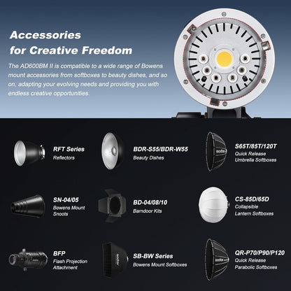 Godox AD600BM II Upgraded Godox AD600BM Bowens Mount 600Ws GN87 HSS Outdoor Flash Strobe,1/8000s HSS Speedlite Monolight with 40W Modeling Light,Color Group Indicator,0.01~1.9s Recycle Time