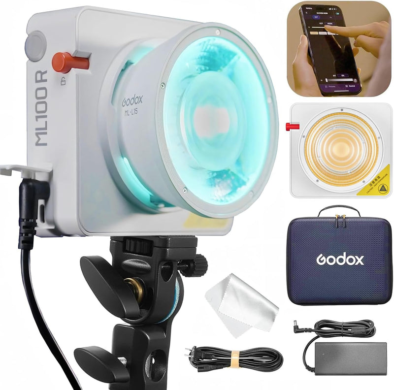 Godox ML100R 110W RGB LED Video Light, with Interchangeable 15° Reflector/1800-10000K CCT/14 Cinematic FX Effects/Multiple Power Options/Supports App Control,for Filming/Live Streaming etc.