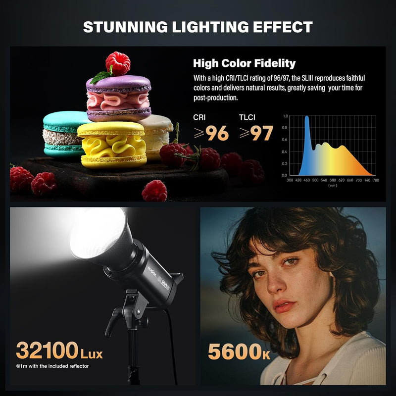 Godox SL100D Video Light Daylight 100W with RC-A6 Remote 5600K 32100 Lux CRI 96+ TLCI 97+ 8 Light FX Bowens Mount COB LED Continuous Light(SL100-D)