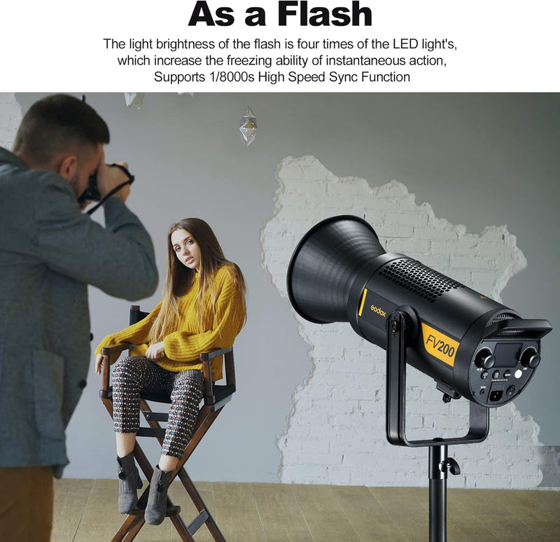 Godox FV200 200W 2.4G Flash LED Light,CRI96+,TCLI 96+,18000LUX,5600K±200K,1/8000s High Speed Sync, Built in 8 FX Special Effects Modes, Compatible for Canon, Nikon, Sony, Olympus,Panasonic