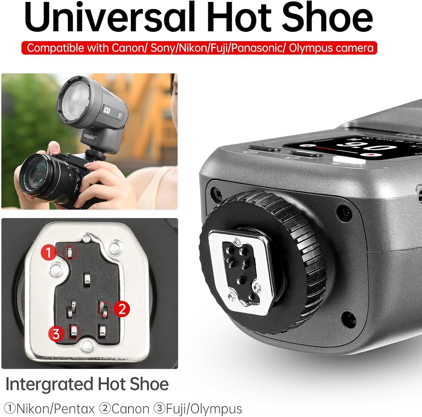 JINBEI H1 Flash & LED Video Light 2-in-1, Rechargeable 2000mAh Battery, GN28 Round Head Flash, HSS/TTL Support, 3W Modeling Light, Bi-Color Temperature 2700K~6500K, CRI >95