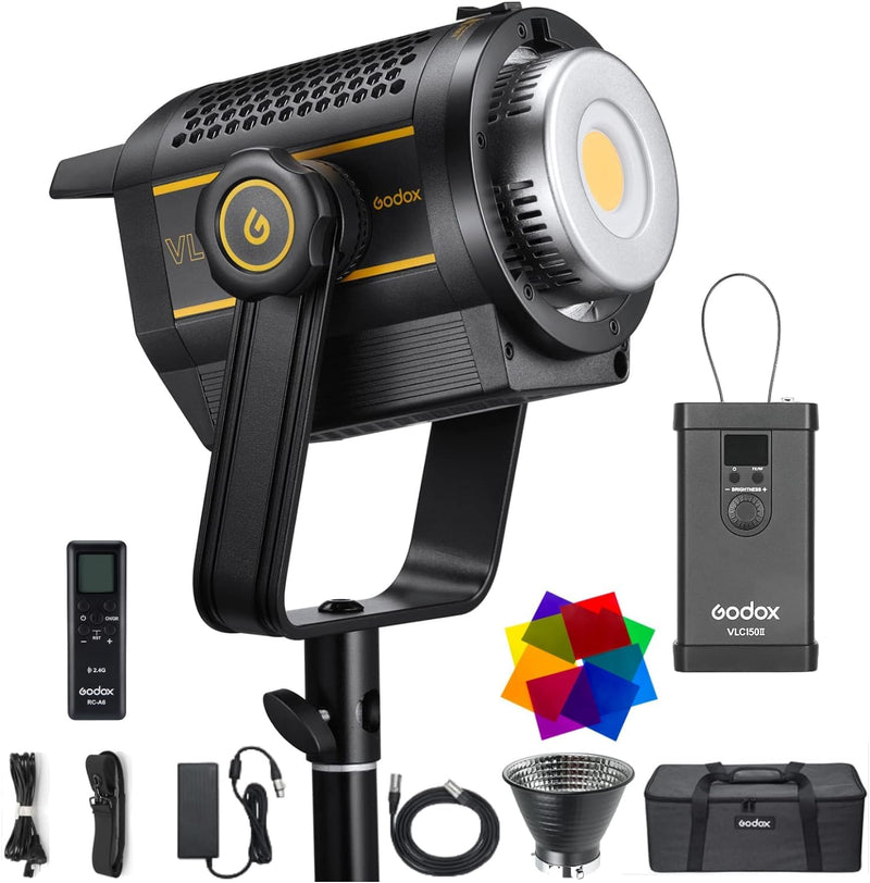 Godox VL150II LED Video Light, 76000 Lux 165W LED Continuous Light, Professional Daylight LED Light 5600k CRI 96+, DC or V-Port Lithium Battery Power Supplied, 8 FX Effects APP Control Bowens Mount