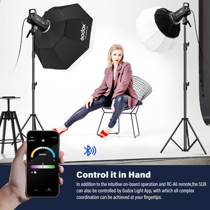 Godox SL100D LED Video Light Daylight 100W with RC-A6 Remote 5600K 32100 Lux CRI 96+ TLCI 97+ 8 Light FX Bowens Mount COB LED Continuous Light(SL100-D)