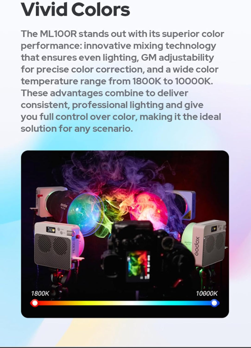 Godox ML100R 110W RGB LED Video Light, with Interchangeable 15° Reflector/1800-10000K CCT/14 Cinematic FX Effects/Multiple Power Options/Supports App Control,for Filming/Live Streaming etc.