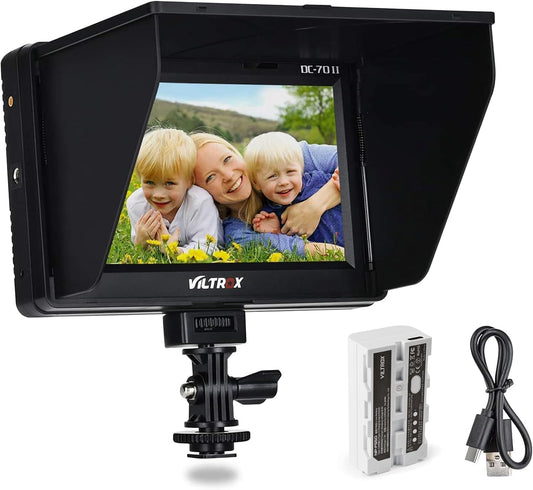 7 inch 4K HDMI Field Monitor Kit, VILTROX DC-70 II on Camera Monitor with HDMI Output, Peaking Focus Assist Video Monitor with Sunshade Hood/Battery