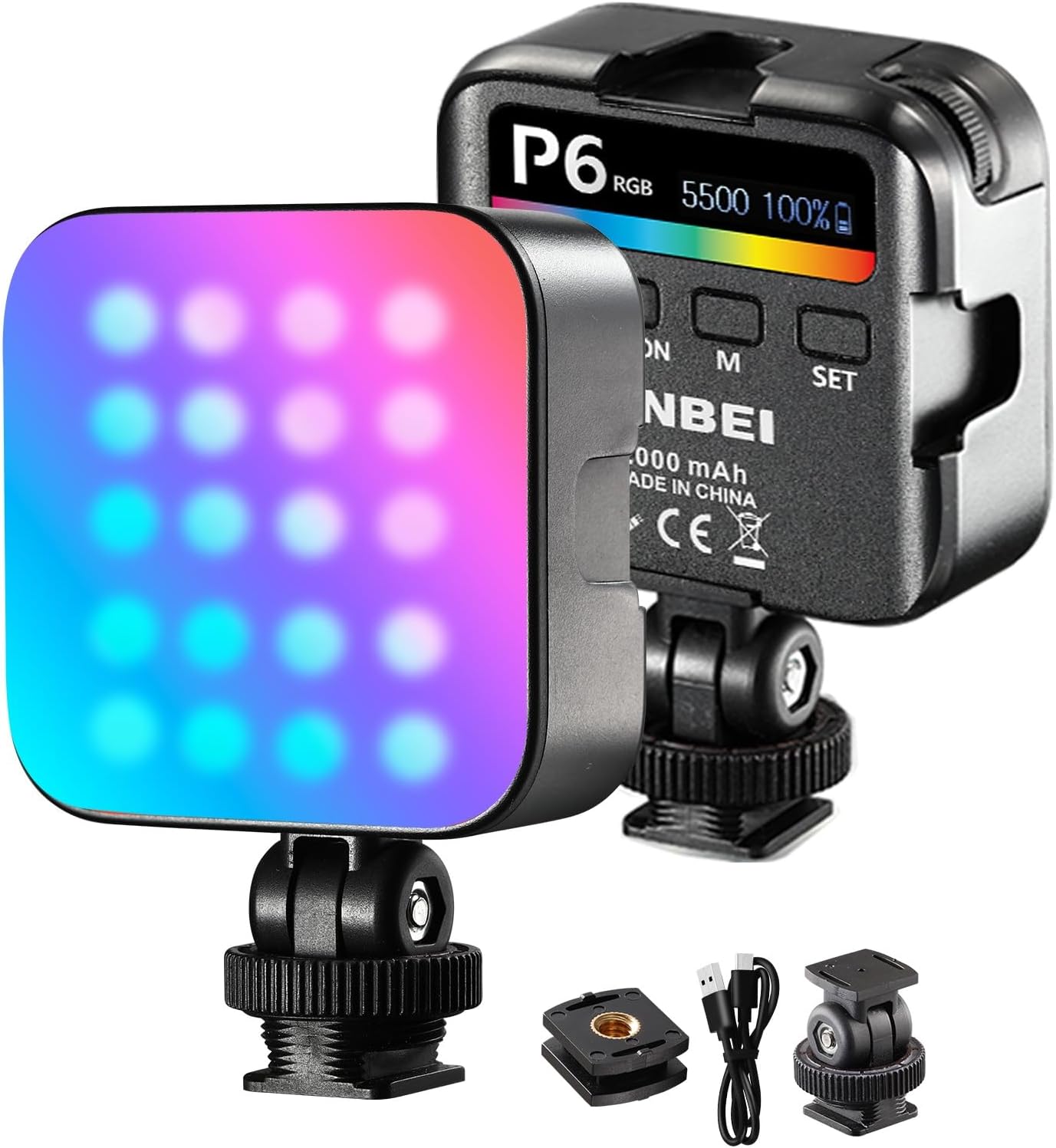 JINBEI P6 Bi-Color Mini Video Light LED Camera Light 2700K-7500K with 4 Cold Shoe Mount CRI 95+ 2000mAh Rechargeable Portable Photography Lighting for Vlog Live Streaming （White）