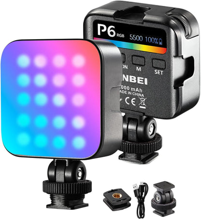JINBEI P6 Bi-Color Mini Video Light LED Camera Light 2700K-7500K with 4 Cold Shoe Mount CRI 95+ 2000mAh Rechargeable Portable Photography Lighting for Vlog Live Streaming （White）