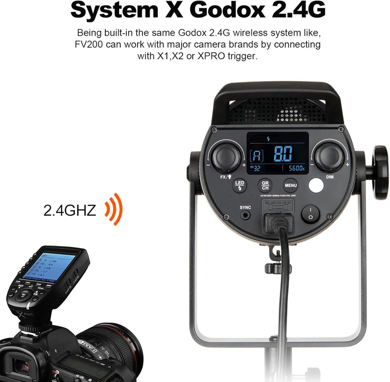 Godox FV200 200W 2.4G Flash LED Light,CRI96+,TCLI 96+,18000LUX,5600K±200K,1/8000s High Speed Sync, Built in 8 FX Special Effects Modes, Compatible for Canon, Nikon, Sony, Olympus,Panasonic