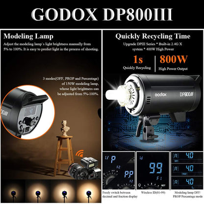 GODOX DP800III Professional Studio Flash 1s Recycling Time GN126 5600k 800Ws Bowens Mount 150W Modeling Lamp