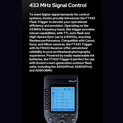 GODOX FT433-C HSS TTL Wireless Flash Trigger for Canon Cameras,433 MHz Signal Control,TCM Switch,Hot Shoe,Single-Contact, Rapid-Fire
