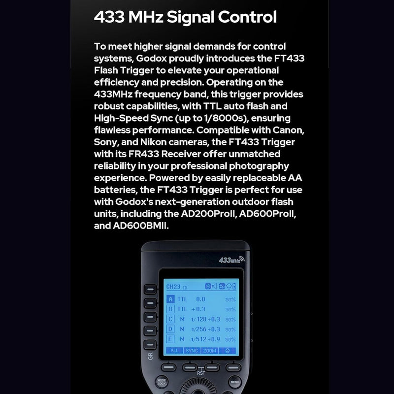 GODOX FT433-C HSS TTL Wireless Flash Trigger for Canon Cameras,433 MHz Signal Control,TCM Switch,Hot Shoe,Single-Contact, Rapid-Fire