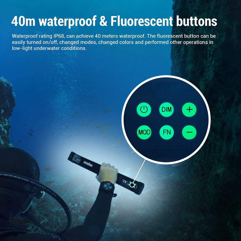 Godox WT40D Underwater Lights Dive Light,Max 54W,CRI 96+ TLCl 96+,CCT 5600K±300K,13 FX Effects,APP Control,0%~100%Dimmable lP68/40m Dive Depth LED Video Light,for Vlogging,Scuba Diving,Snorkel,Surfing