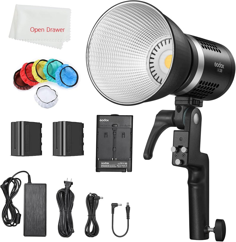 Godox ML30 LED Light, Portable Handheld LED Video Light,5600K CRI 96+ TLCI 97+, 12 Lighting Effects, APP Control,Silent Mode, with 2X NP-F970 Battery