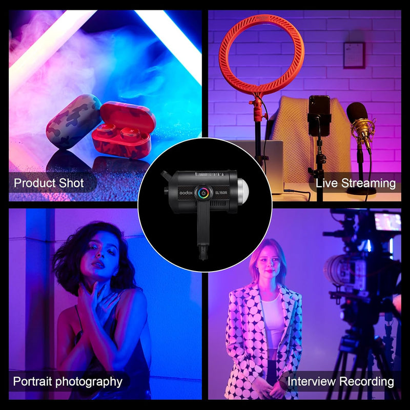 Godox SL150R 165W RGB LED Video Light 5600K@1m CRI≥96,TLCI≥96 14 FX Bowens Mount Silent Continuous Output Lighting APP/2.4G Control 360° Full 60 Gels for Video Recording Photography