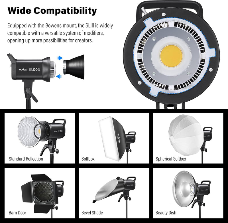 Godox SL100D Video Light Daylight 100W with RC-A6 Remote 5600K 32100 Lux CRI 96+ TLCI 97+ 8 Light FX Bowens Mount COB LED Continuous Light(SL100-D)
