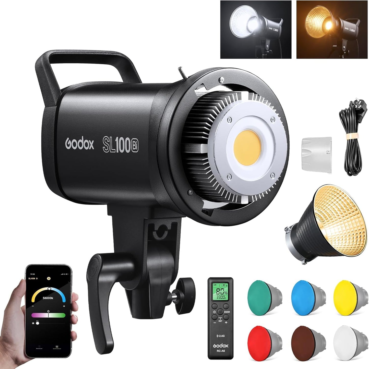 Godox SL100D LED Video Light Daylight 100W with RC-A6 Remote 5600K 32100 Lux CRI 96+ TLCI 97+ 8 Light FX Bowens Mount COB LED Continuous Light(SL100-D)