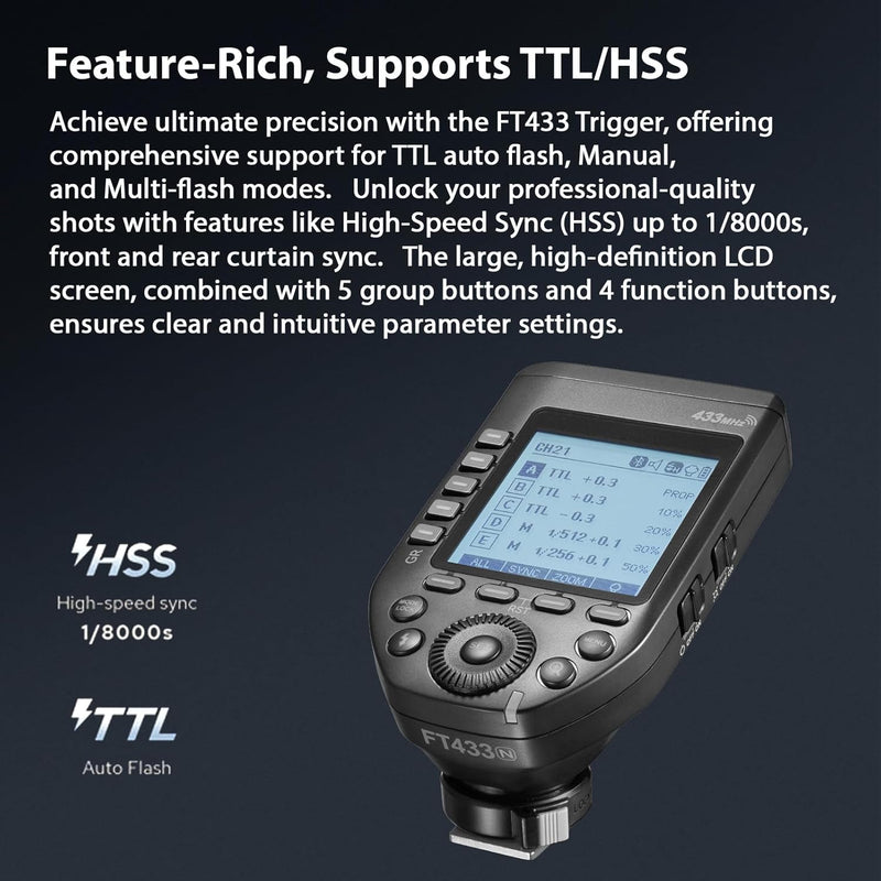 Godox FT433 N TTL Wireless Flash Trigger 433MHz Signal Control 1/8000s HSS APP Wireless Control Compatible with Nikon Z9 Z8 Z7 Z6II Z7II D750 D780 D800 D850 Godox AD200Pro II/ AD600Pro II Flash