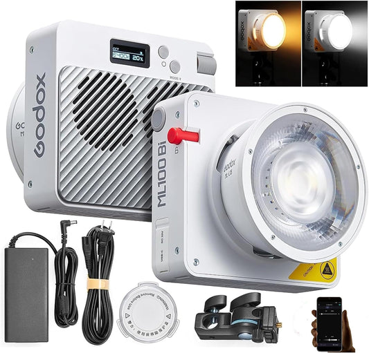 Godox ML100Bi 120W LED Video Light, 2800K-6500K Bi-Color Video Lighting Kit, 34300 Lux CRI 97+/TLCI 98+, APP Control, USB-C Charging, 11 FX Effects, for Filming/Live Streaming/Outdoor Photography