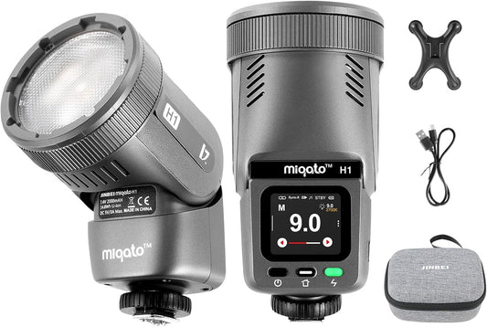 JINBEI H1 Flash & LED Video Light 2-in-1, Rechargeable 2000mAh Battery, GN28 Round Head Flash, HSS/TTL Support, 3W Modeling Light, Bi-Color Temperature 2700K~6500K, CRI >95